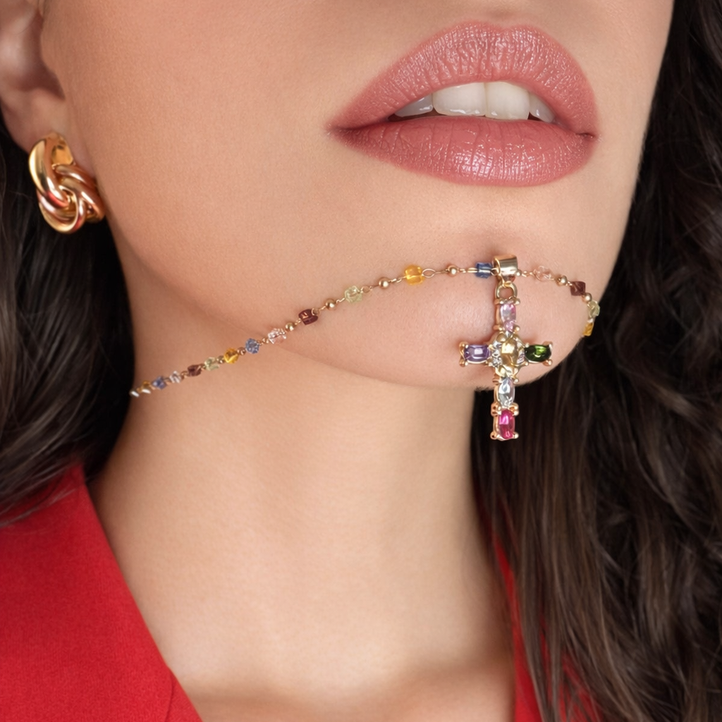 Necklace "Cross with Colored Gemstones"