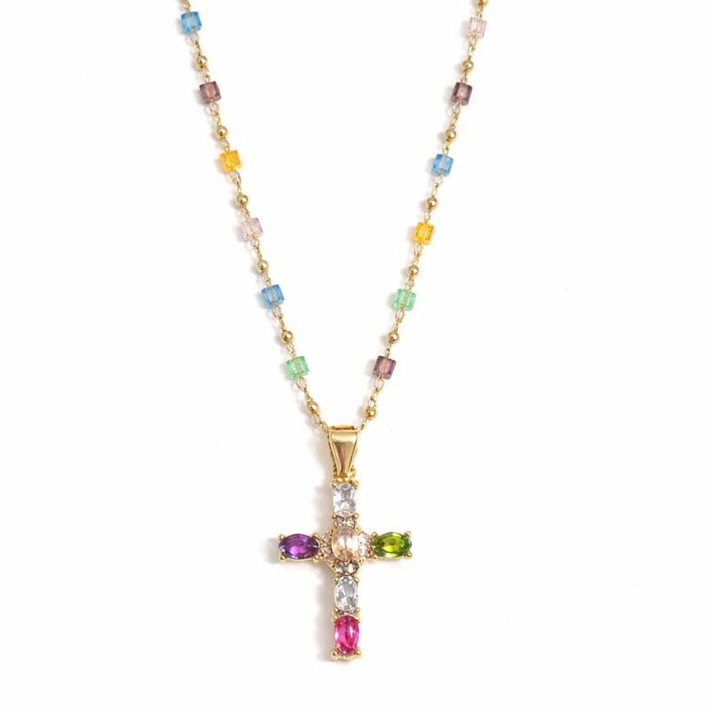Necklace "Cross with Colored Gemstones"