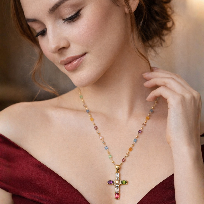 Necklace "Cross with Colored Gemstones"