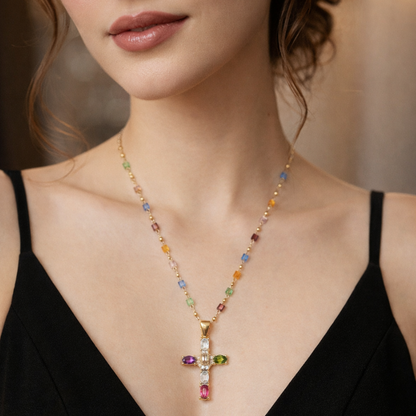 Necklace "Cross with Colored Gemstones"