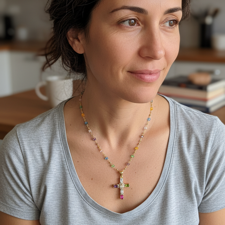 Necklace "Cross with Colored Gemstones"
