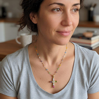 Necklace "Cross with Colored Gemstones"