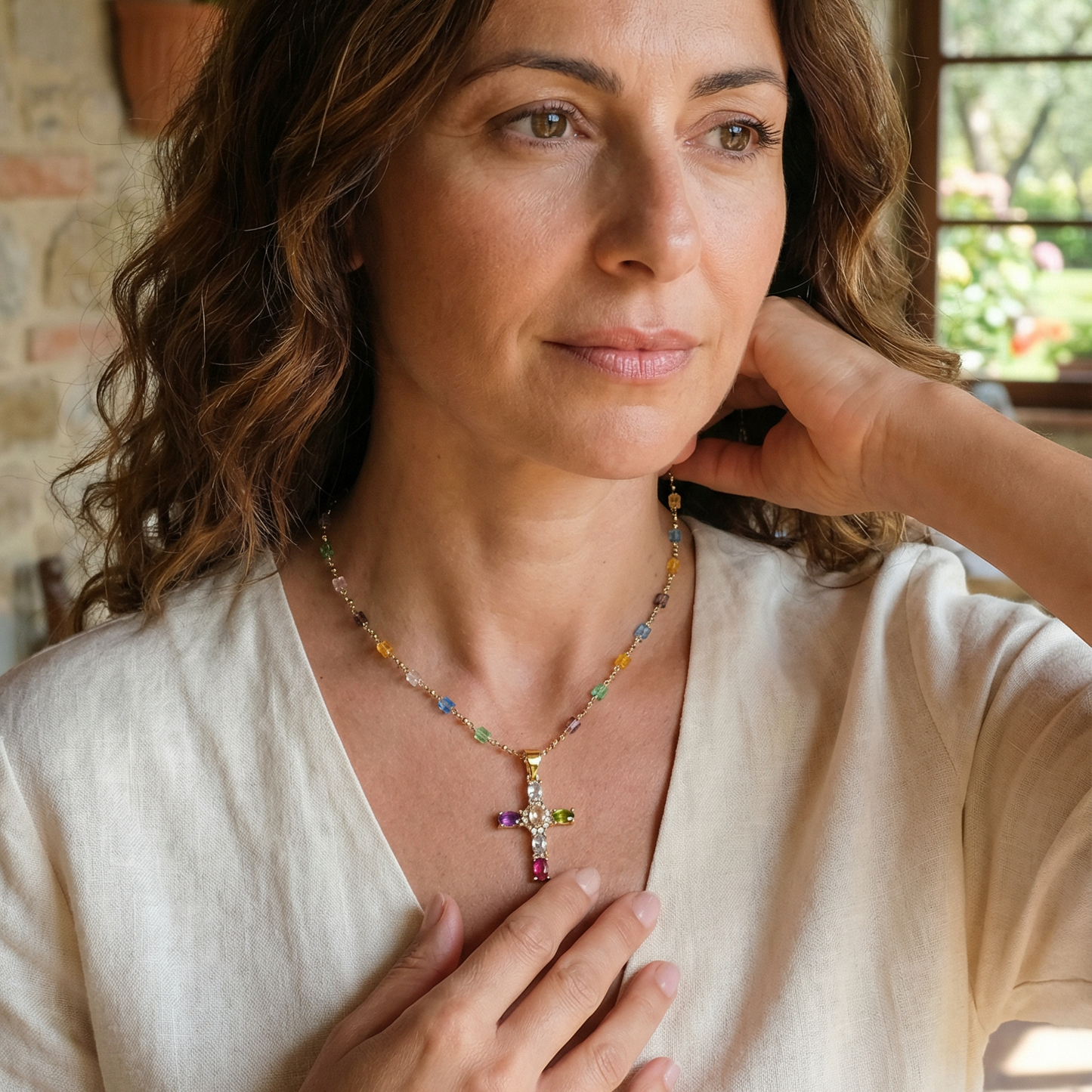 Necklace "Cross with Colored Gemstones"